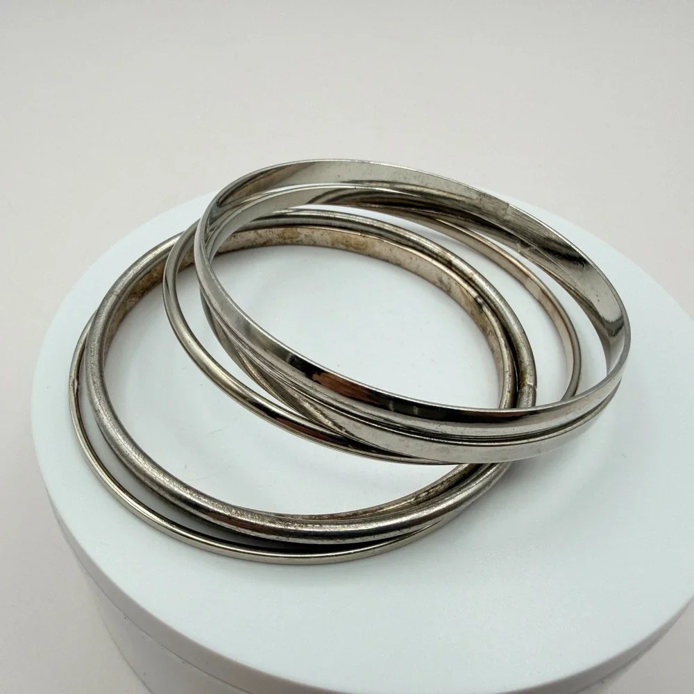 Vintage 90s Silver Tone Minimalist Bangles‎ Set Women's Classic Fashion Jewelry